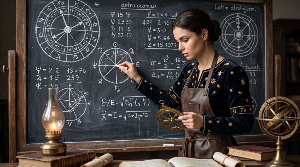 Mulher fazendo cálculos astronômicos e astrológicos