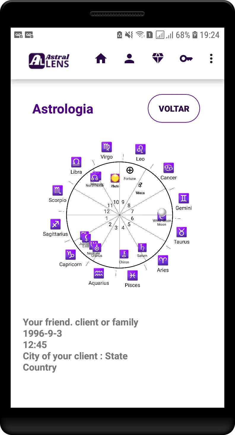 Astral Lens complete natal birth chart screen