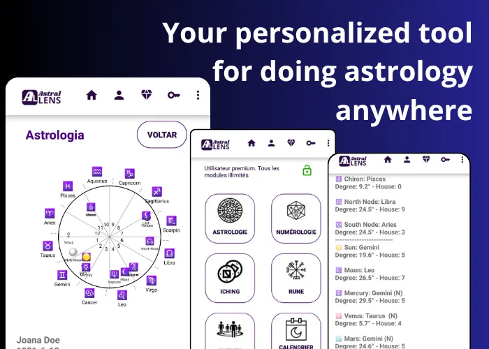 Astral Lens Android app showing a natal chart, astrology tools and planetary data